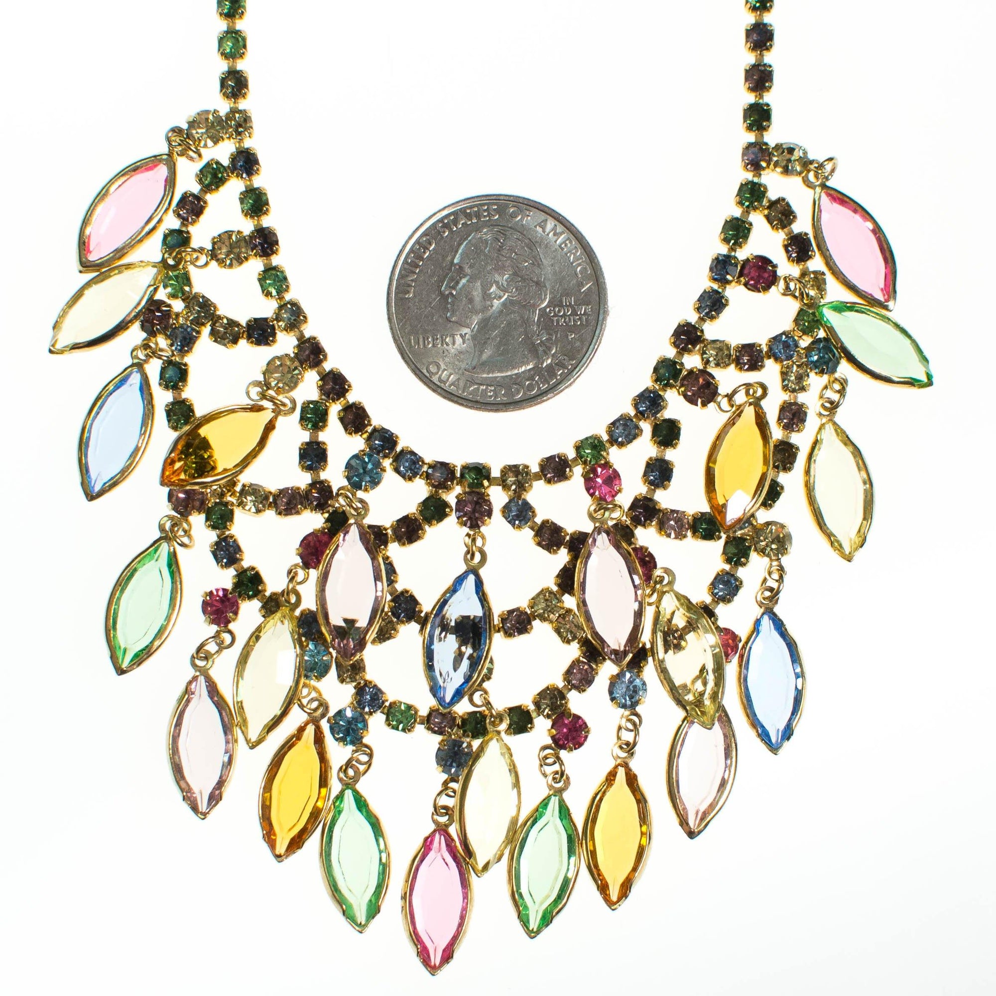 Vintage Waterfall Bib Necklace with Pastel Rhinestones by 1960s - Vintage Meet Modern Vintage Jewelry - Chicago, Illinois - #oldhollywoodglamour #vintagemeetmodern #designervintage #jewelrybox #antiquejewelry #vintagejewelry