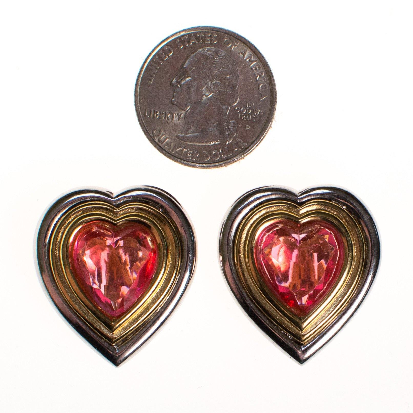 Vintage Givenchy Couture Heart Gold and Silver Heart Earrings with Pink Rhinestones, Clip On by Givenchy - Vintage Meet Modern Vintage Jewelry - Chicago, Illinois - #oldhollywoodglamour #vintagemeetmodern #designervintage #jewelrybox #antiquejewelry #vintagejewelry