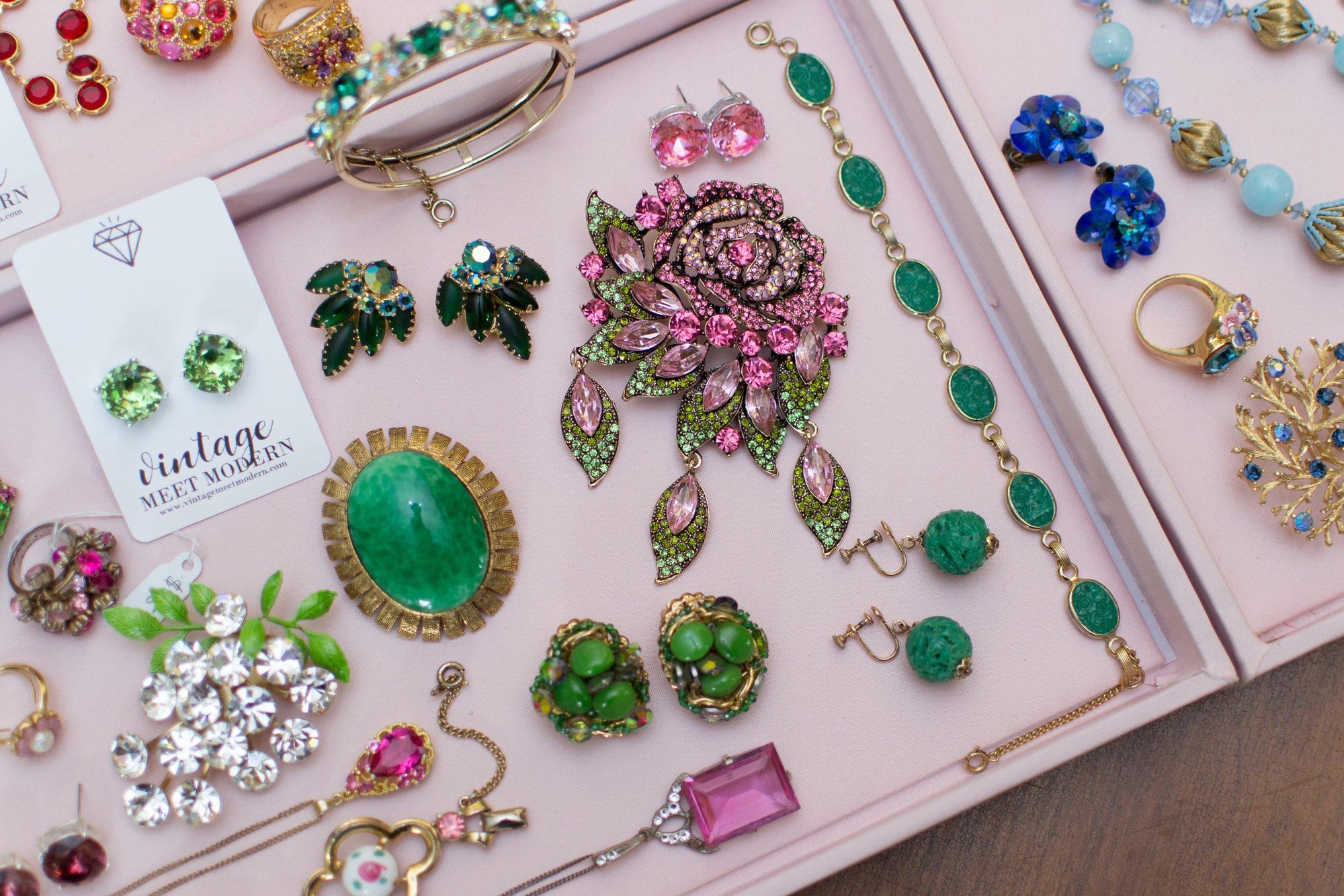 Vintage Carved Jade Pressed Glass Bracelet by 1960s - Vintage Meet Modern Vintage Jewelry - Chicago, Illinois - #oldhollywoodglamour #vintagemeetmodern #designervintage #jewelrybox #antiquejewelry #vintagejewelry