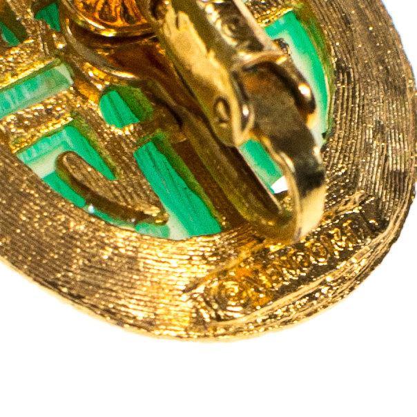 Vintage Vendome Green Jade Asian Character Earrings, Gold Tone, Oval, Clip On by Vendome - Vintage Meet Modern Vintage Jewelry - Chicago, Illinois - #oldhollywoodglamour #vintagemeetmodern #designervintage #jewelrybox #antiquejewelry #vintagejewelry