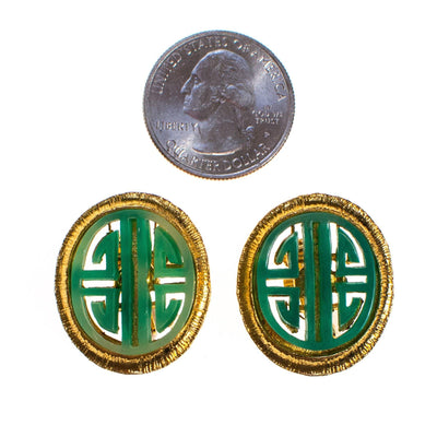 Vintage Vendome Green Jade Asian Character Earrings, Gold Tone, Oval, Clip On by Vendome - Vintage Meet Modern Vintage Jewelry - Chicago, Illinois - #oldhollywoodglamour #vintagemeetmodern #designervintage #jewelrybox #antiquejewelry #vintagejewelry
