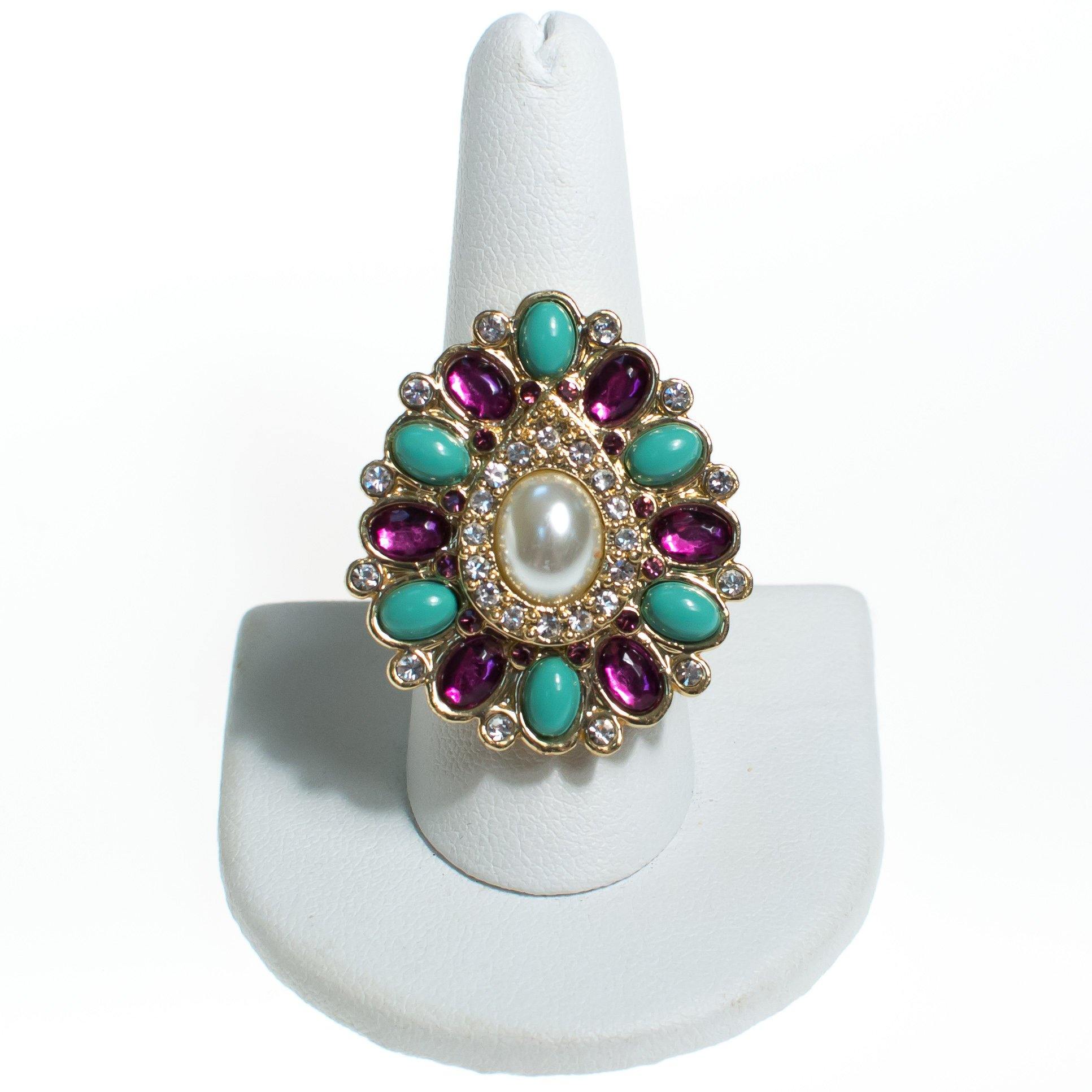 Vintage Scassi Amethyst, Turquoise, Pearl, and Rhinestone Statement Ring by Scassi - Vintage Meet Modern Vintage Jewelry - Chicago, Illinois - #oldhollywoodglamour #vintagemeetmodern #designervintage #jewelrybox #antiquejewelry #vintagejewelry