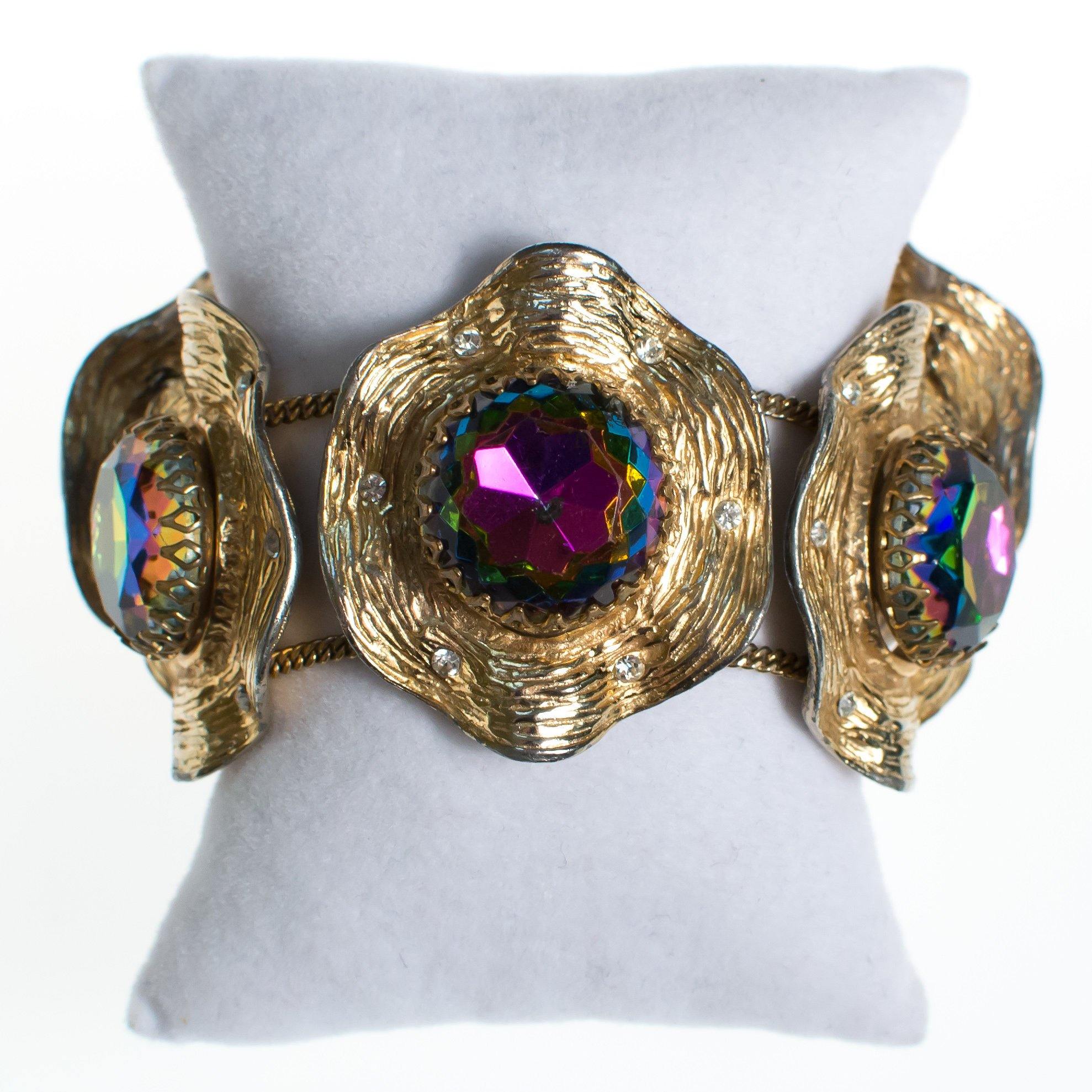 Judy Lee Heliotrope Rainbow Rhinestone Bracelet set in Gold Tone by Judy Lee - Vintage Meet Modern Vintage Jewelry - Chicago, Illinois - #oldhollywoodglamour #vintagemeetmodern #designervintage #jewelrybox #antiquejewelry #vintagejewelry