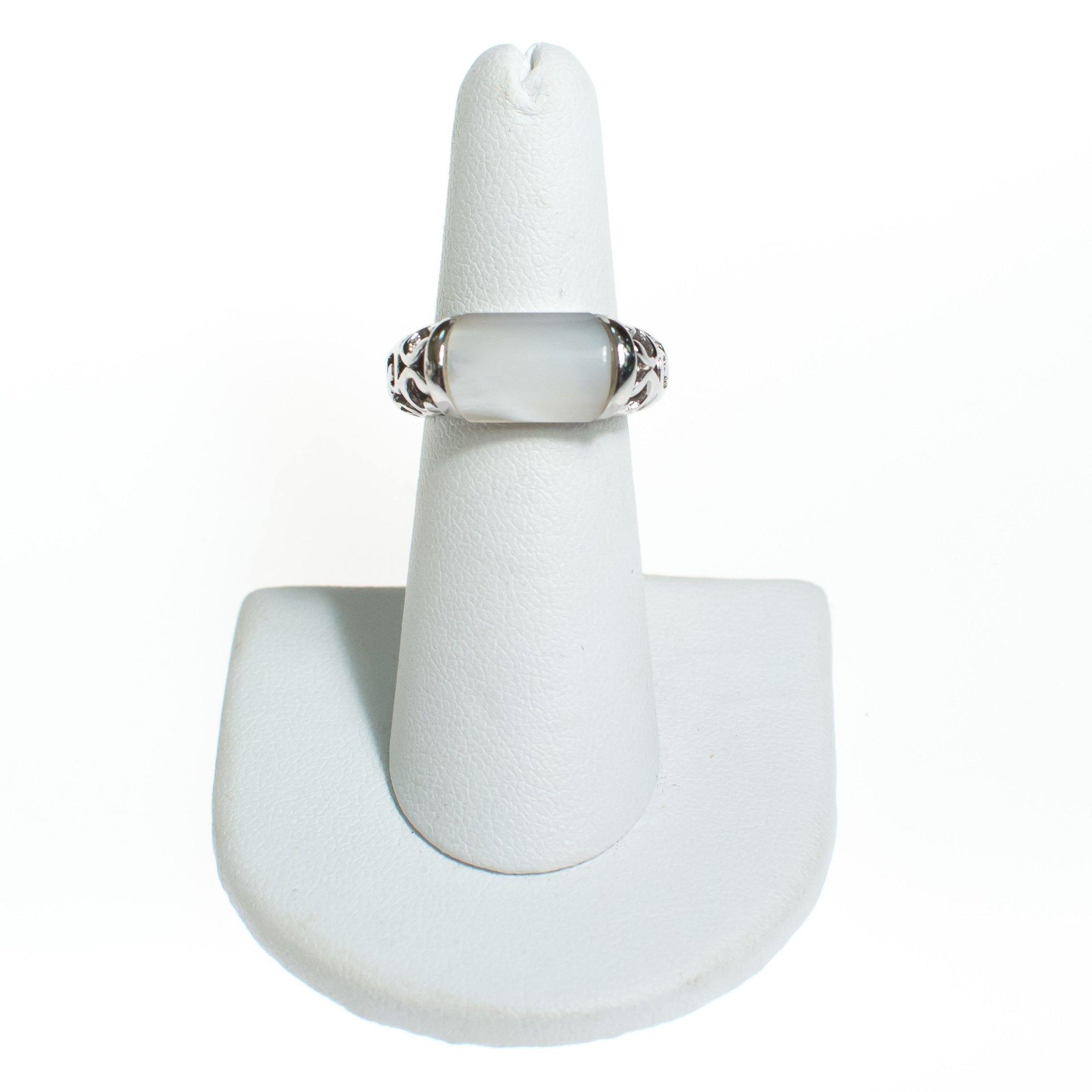 Vintage Lia Sophie Mother of Pearl Silver Filigree Band Ring by Lia Sophia - Vintage Meet Modern Vintage Jewelry - Chicago, Illinois - #oldhollywoodglamour #vintagemeetmodern #designervintage #jewelrybox #antiquejewelry #vintagejewelry