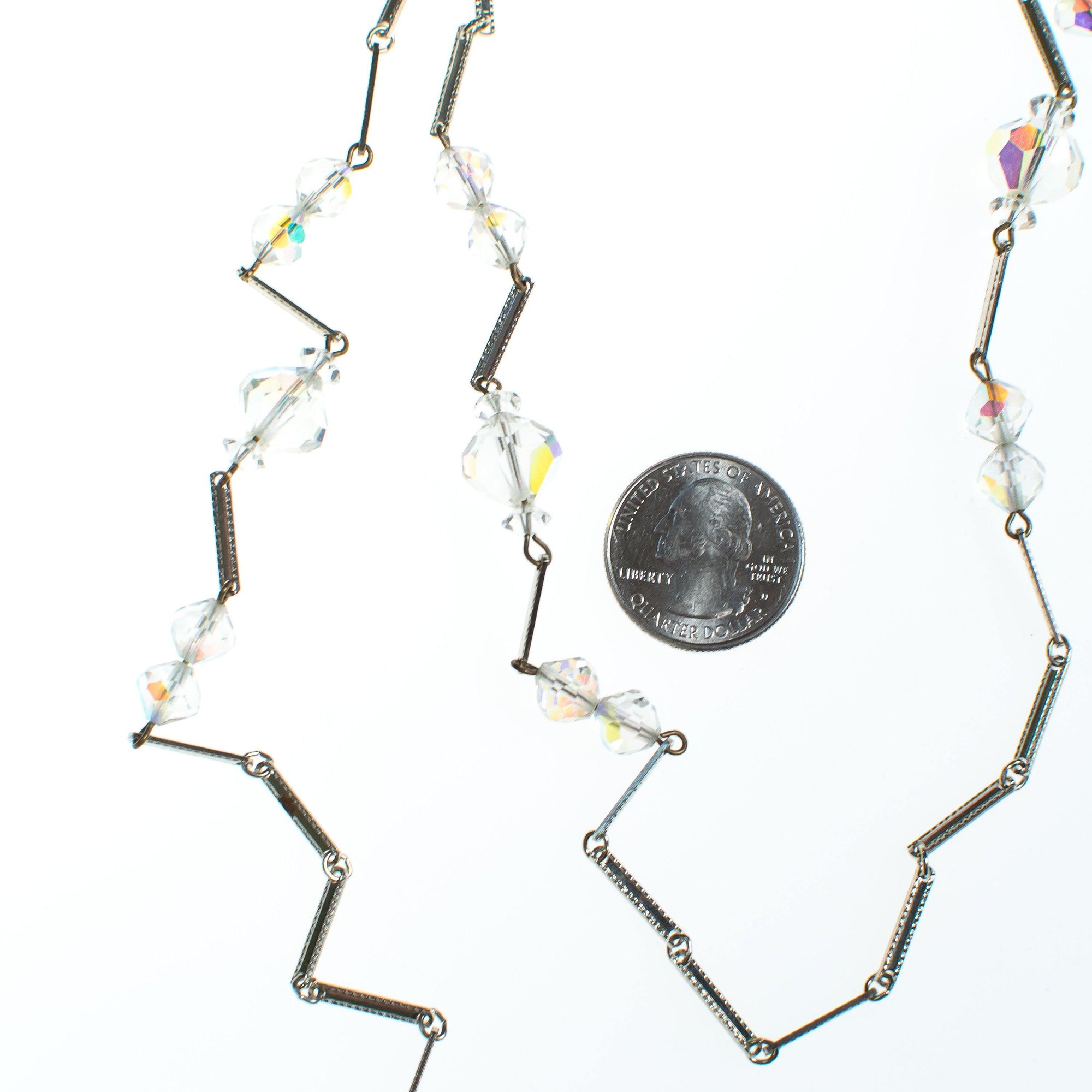 Vintage Aurora Borealis Crystal and Silver Long Flat Link Chain Necklace by Aurora Borealis - Vintage Meet Modern Vintage Jewelry - Chicago, Illinois - #oldhollywoodglamour #vintagemeetmodern #designervintage #jewelrybox #antiquejewelry #vintagejewelry