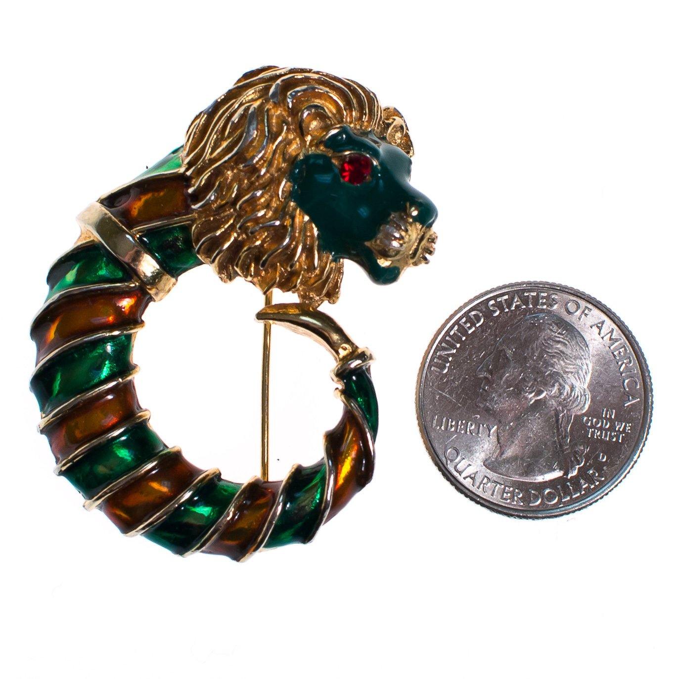 Vintage Lion Brooch Gold Tone with Green and Orange Enamel by 1960s - Vintage Meet Modern Vintage Jewelry - Chicago, Illinois - #oldhollywoodglamour #vintagemeetmodern #designervintage #jewelrybox #antiquejewelry #vintagejewelry