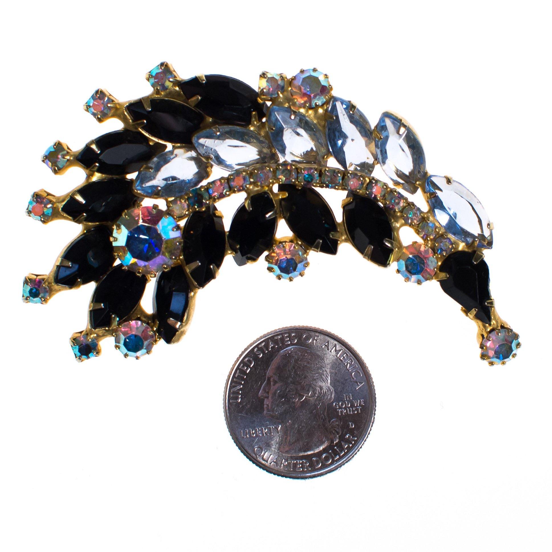 Vintage Juliana Aurora Borealis, Gray, and Jet Crystal Rhinestone Spray Style Brooch by Juliana - Vintage Meet Modern Vintage Jewelry - Chicago, Illinois - #oldhollywoodglamour #vintagemeetmodern #designervintage #jewelrybox #antiquejewelry #vintagejewelry