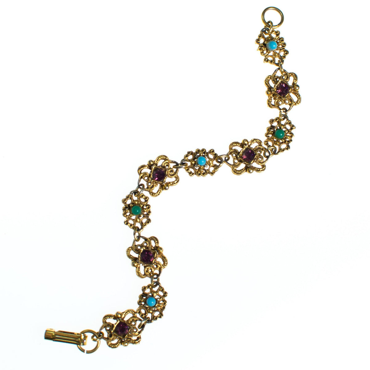 Vintage Florenza Gold Filigree Panel Link Bracelet with Amethyst Crystals, Turquoise, and Jade Green Beads