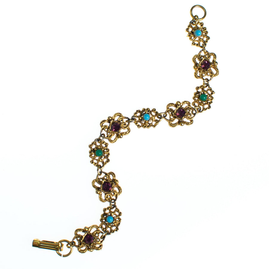 Vintage Florenza Gold Filigree Panel Link Bracelet with Amethyst Crystals, Turquoise, and Jade Green Beads by 1960s - Vintage Meet Modern Vintage Jewelry - Chicago, Illinois - #oldhollywoodglamour #vintagemeetmodern #designervintage #jewelrybox #antiquejewelry #vintagejewelry