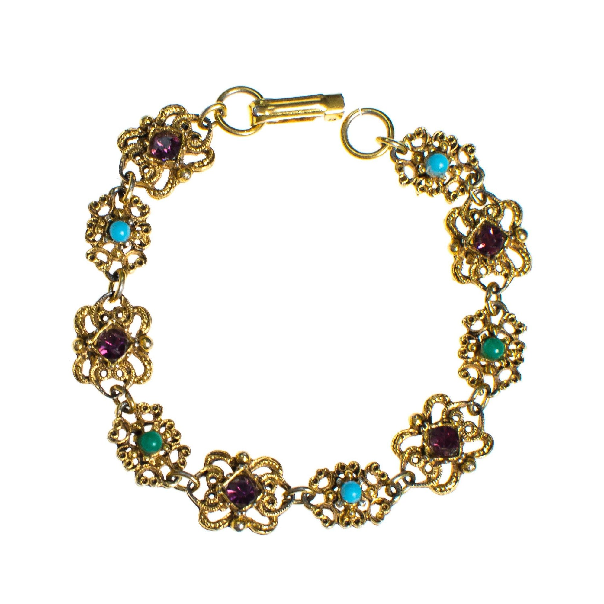 Vintage Florenza Gold Filigree Panel Link Bracelet with Amethyst Crystals, Turquoise, and Jade Green Beads by 1960s - Vintage Meet Modern Vintage Jewelry - Chicago, Illinois - #oldhollywoodglamour #vintagemeetmodern #designervintage #jewelrybox #antiquejewelry #vintagejewelry