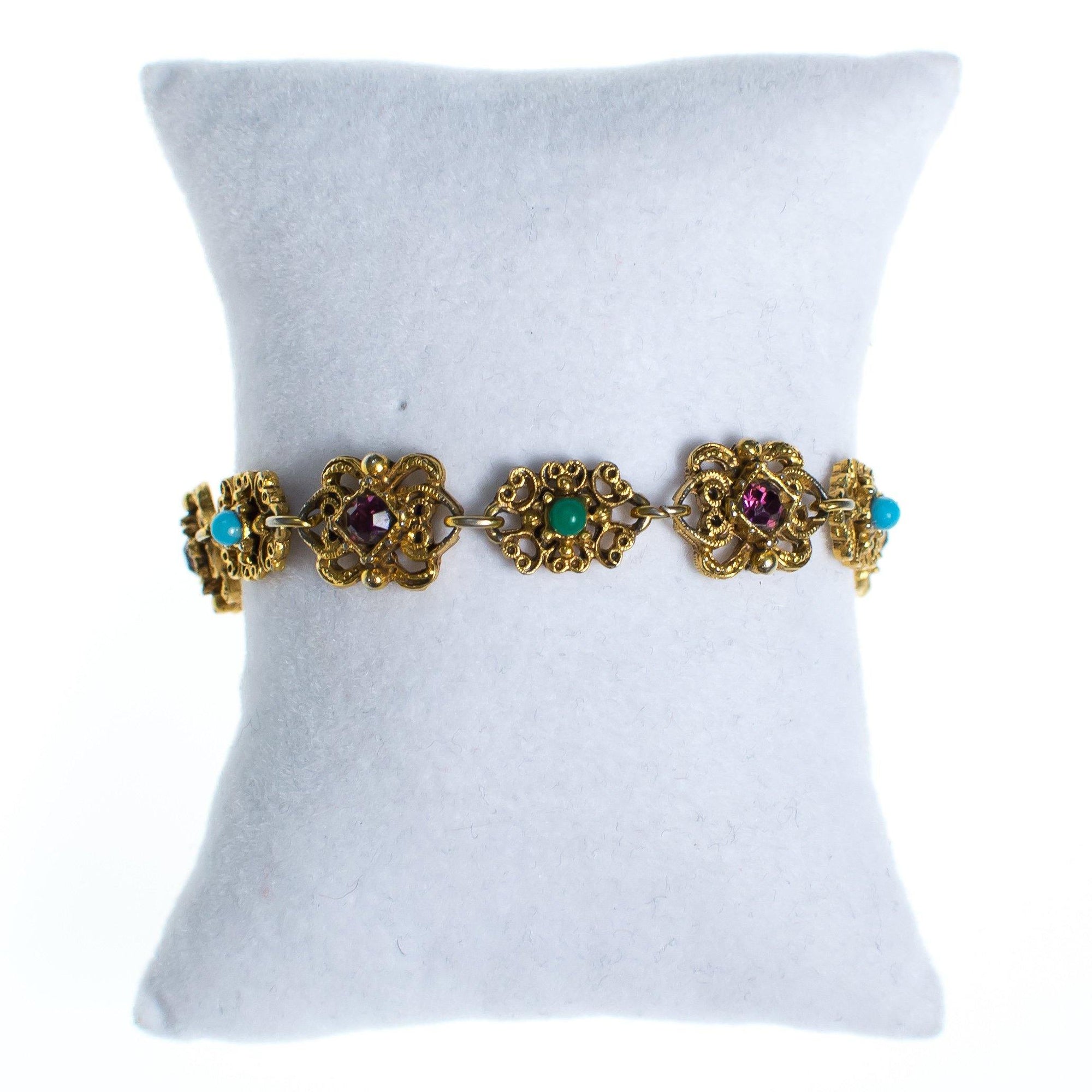 Vintage Florenza Gold Filigree Panel Link Bracelet with Amethyst Crystals, Turquoise, and Jade Green Beads by 1960s - Vintage Meet Modern Vintage Jewelry - Chicago, Illinois - #oldhollywoodglamour #vintagemeetmodern #designervintage #jewelrybox #antiquejewelry #vintagejewelry