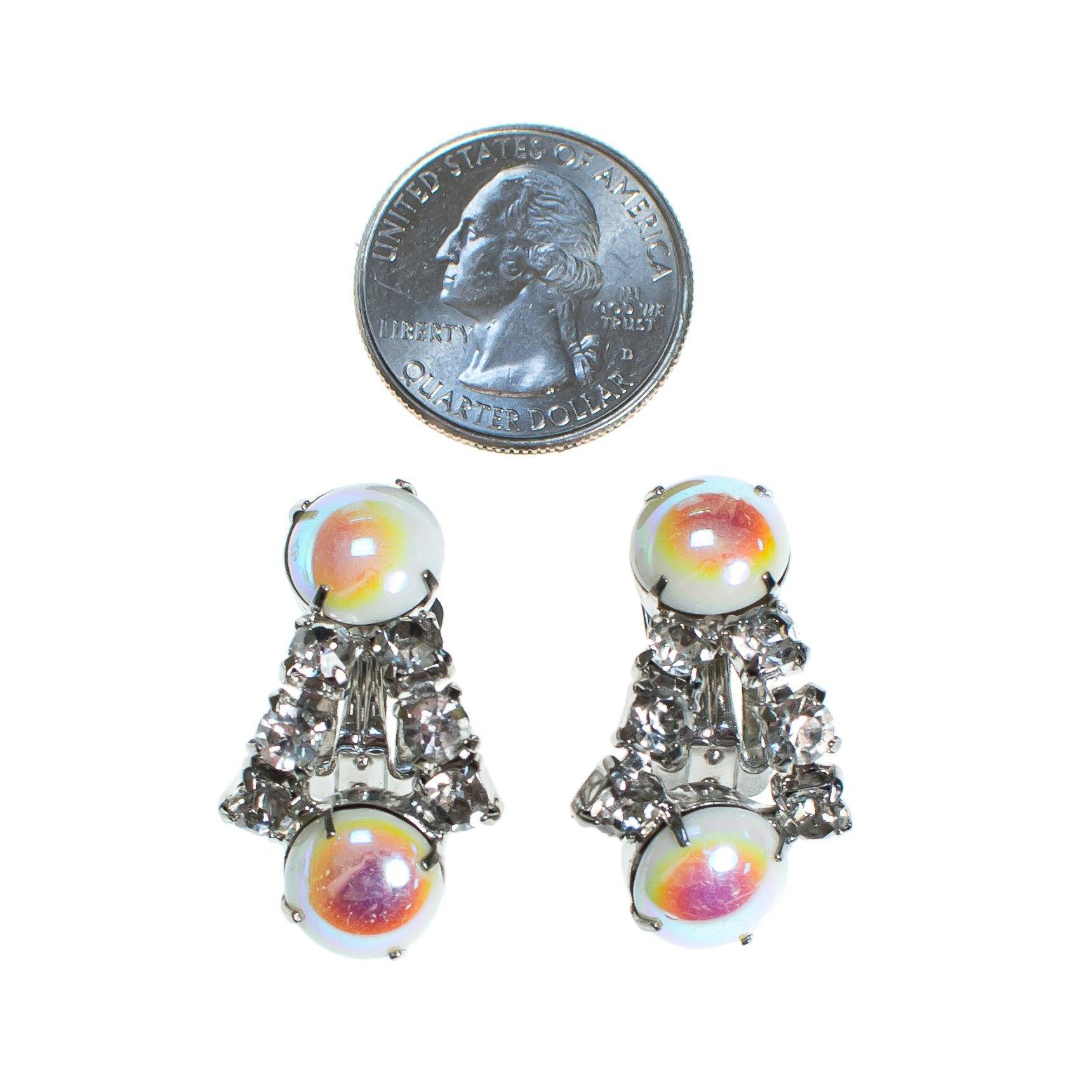 Vintage Rhinestone Earrings with White Iridescent Milk Glass Cabochons by 1950s - Vintage Meet Modern Vintage Jewelry - Chicago, Illinois - #oldhollywoodglamour #vintagemeetmodern #designervintage #jewelrybox #antiquejewelry #vintagejewelry