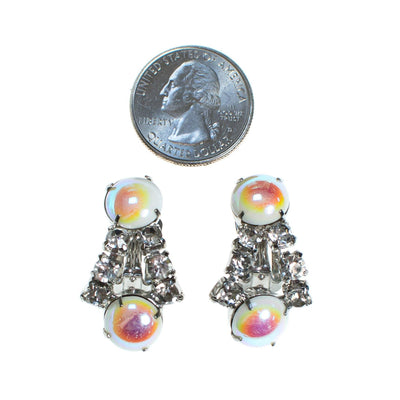 Vintage Rhinestone Earrings with White Iridescent Milk Glass Cabochons by 1950s - Vintage Meet Modern Vintage Jewelry - Chicago, Illinois - #oldhollywoodglamour #vintagemeetmodern #designervintage #jewelrybox #antiquejewelry #vintagejewelry