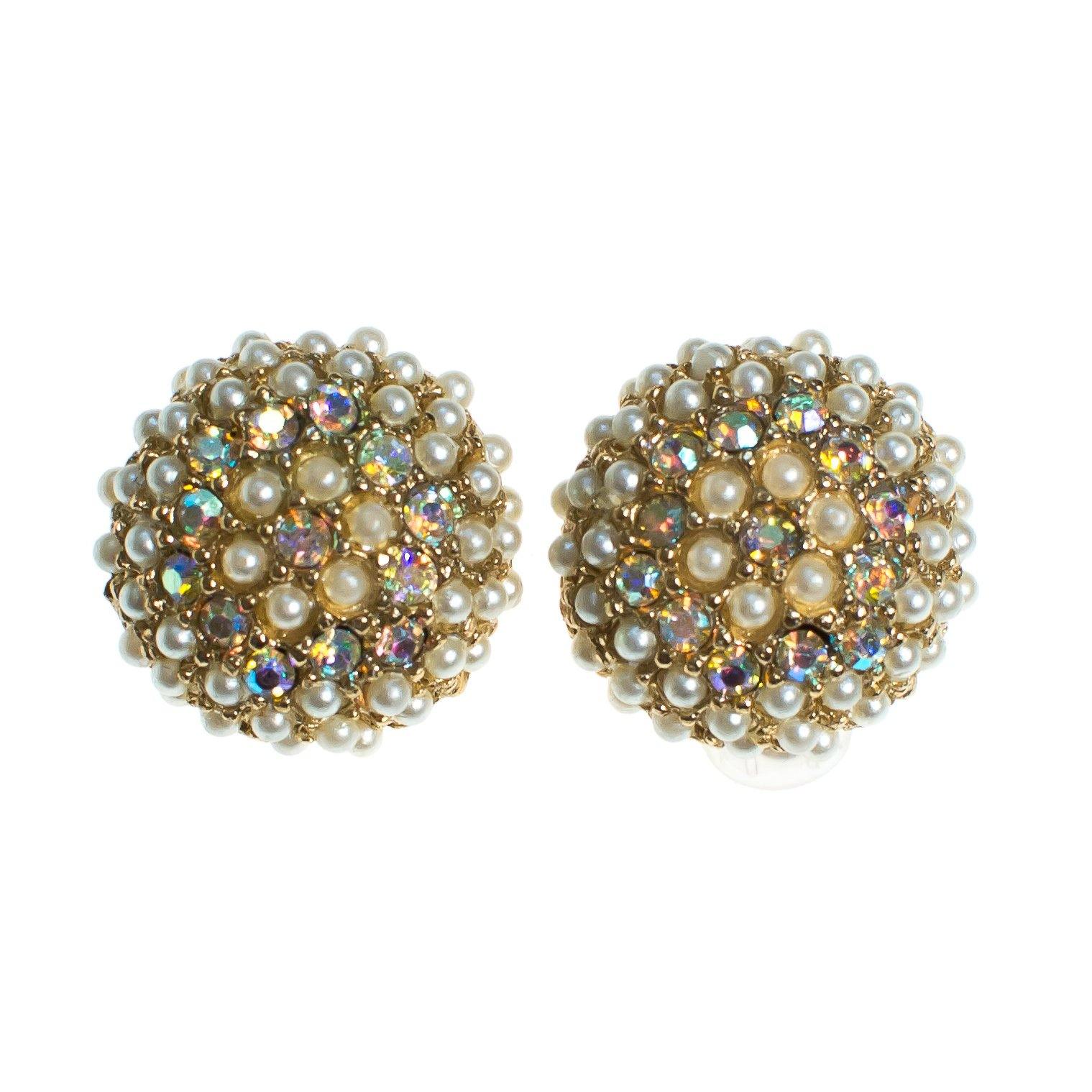 Vintage Seed Pearl and Aurora Borealis Domed Round Clip Earrings Button Style by Aurora Borealis - Vintage Meet Modern Vintage Jewelry - Chicago, Illinois - #oldhollywoodglamour #vintagemeetmodern #designervintage #jewelrybox #antiquejewelry #vintagejewelry