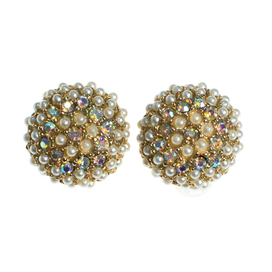 Vintage Seed Pearl and Aurora Borealis Domed Round Clip Earrings Button Style by Aurora Borealis - Vintage Meet Modern Vintage Jewelry - Chicago, Illinois - #oldhollywoodglamour #vintagemeetmodern #designervintage #jewelrybox #antiquejewelry #vintagejewelry