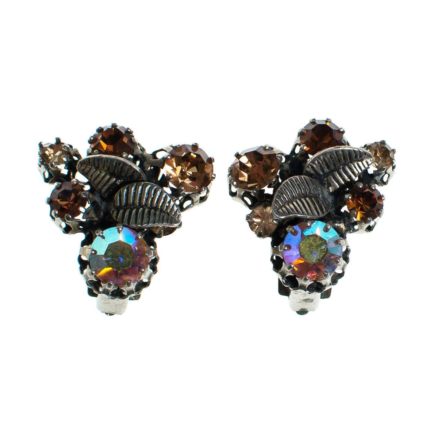 Vintage Made in Austria Rhinestone Aurora Borealis and Citrine Rhinestone Earrings with Leaves by 1960s - Vintage Meet Modern Vintage Jewelry - Chicago, Illinois - #oldhollywoodglamour #vintagemeetmodern #designervintage #jewelrybox #antiquejewelry #vintagejewelry