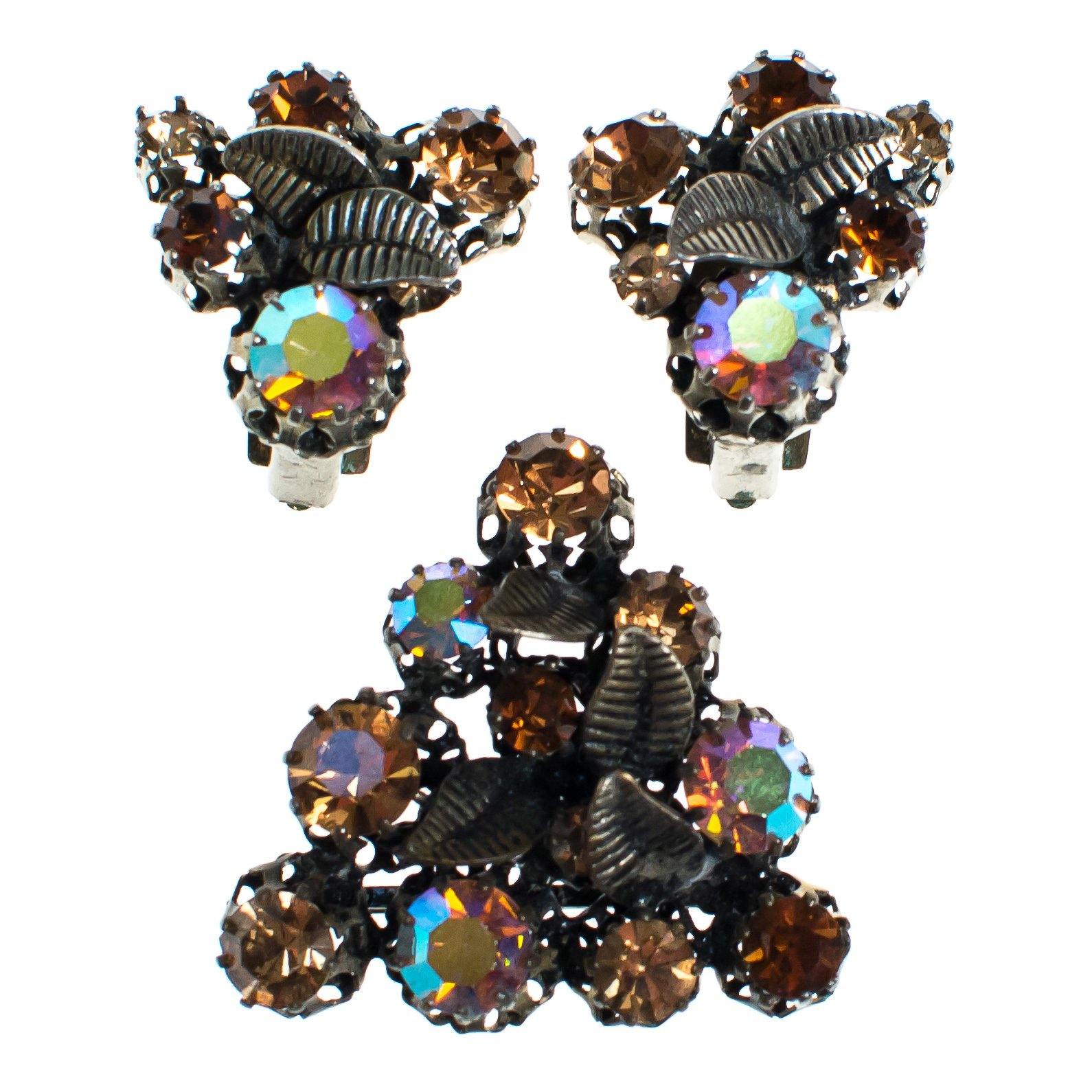 Vintage Made in Austria Rhinestone Aurora Borealis and Citrine Rhinestone Earrings with Leaves by 1960s - Vintage Meet Modern Vintage Jewelry - Chicago, Illinois - #oldhollywoodglamour #vintagemeetmodern #designervintage #jewelrybox #antiquejewelry #vintagejewelry