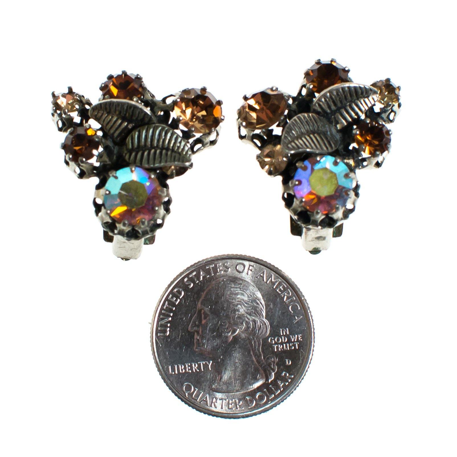 Vintage Made in Austria Rhinestone Aurora Borealis and Citrine Rhinestone Earrings with Leaves by 1960s - Vintage Meet Modern Vintage Jewelry - Chicago, Illinois - #oldhollywoodglamour #vintagemeetmodern #designervintage #jewelrybox #antiquejewelry #vintagejewelry