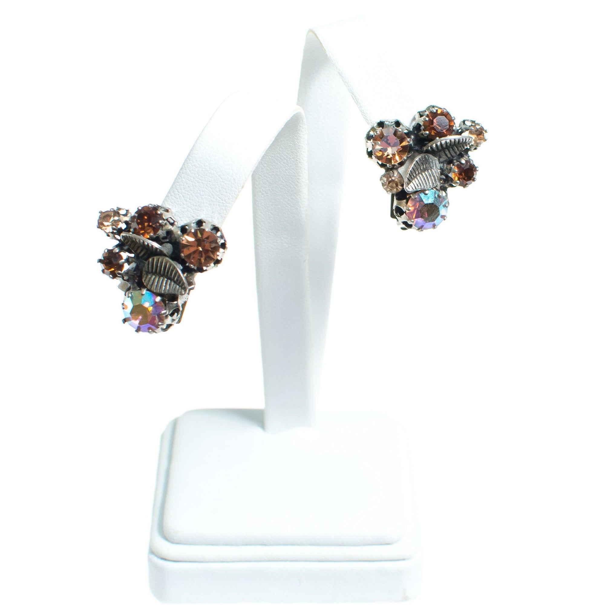 Vintage Made in Austria Rhinestone Aurora Borealis and Citrine Rhinestone Earrings with Leaves by 1960s - Vintage Meet Modern Vintage Jewelry - Chicago, Illinois - #oldhollywoodglamour #vintagemeetmodern #designervintage #jewelrybox #antiquejewelry #vintagejewelry