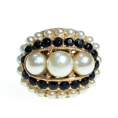 Vintage Pearl and Black Rhinestone Statement Ring Gold Tone Adjustable by 1960s - Vintage Meet Modern Vintage Jewelry - Chicago, Illinois - #oldhollywoodglamour #vintagemeetmodern #designervintage #jewelrybox #antiquejewelry #vintagejewelry