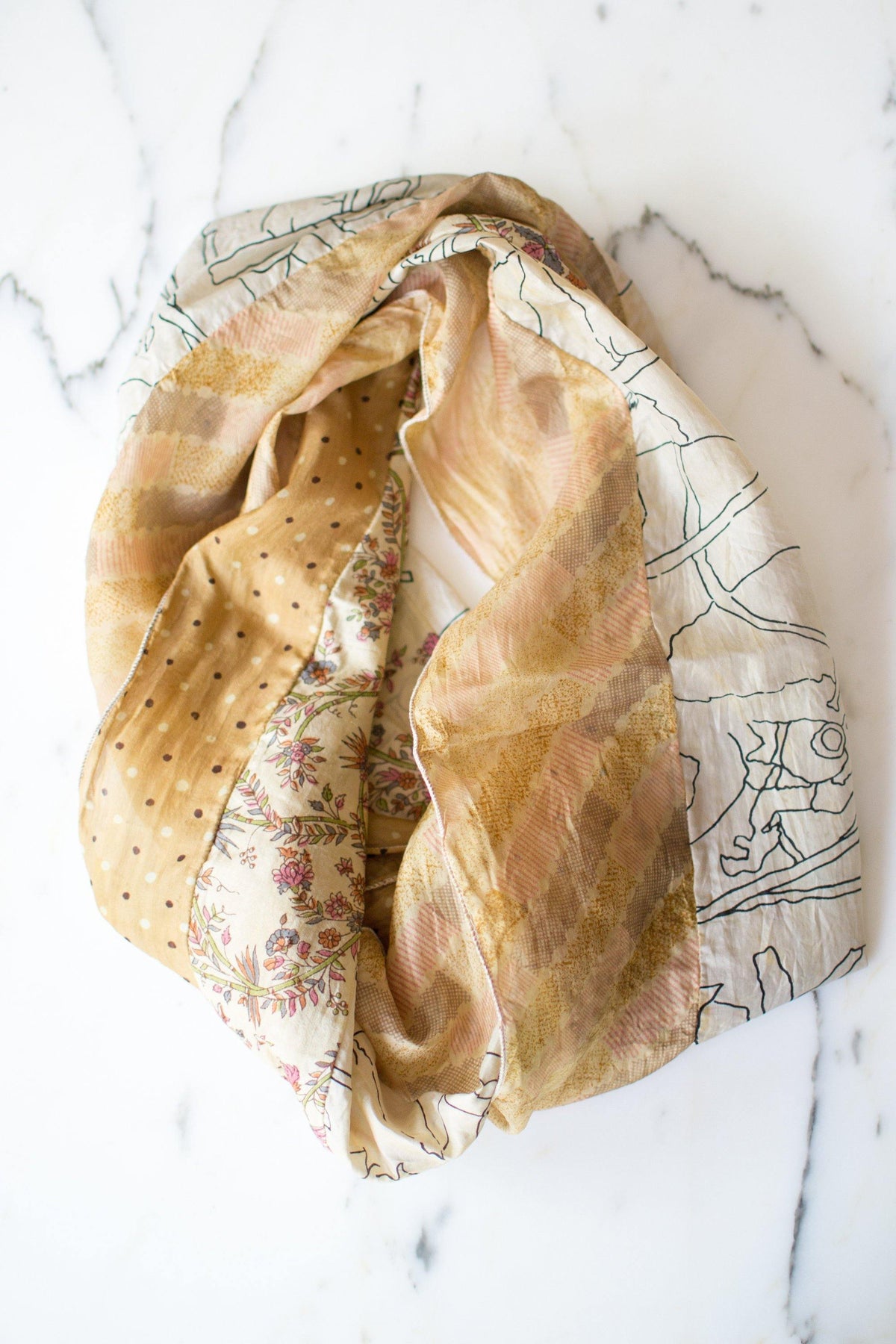 Vintage Green Sewn Infinity Scarf, Floral Design, Geometric, Polka Dots, Recycled Silk