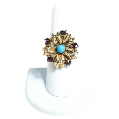 Vintage Flower Statement Ring with Amethyst Crystal and Turquoise Lucite Antique Gold Tone Adjustable by 1960s - Vintage Meet Modern Vintage Jewelry - Chicago, Illinois - #oldhollywoodglamour #vintagemeetmodern #designervintage #jewelrybox #antiquejewelry #vintagejewelry