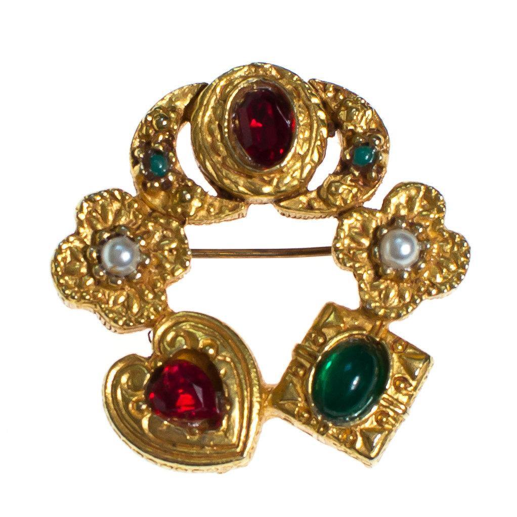 Vintage Victorian Inspired Charm Brooch, Gold Tone Faux Pearls, Garnets Crystal, Emerald Rhinestones