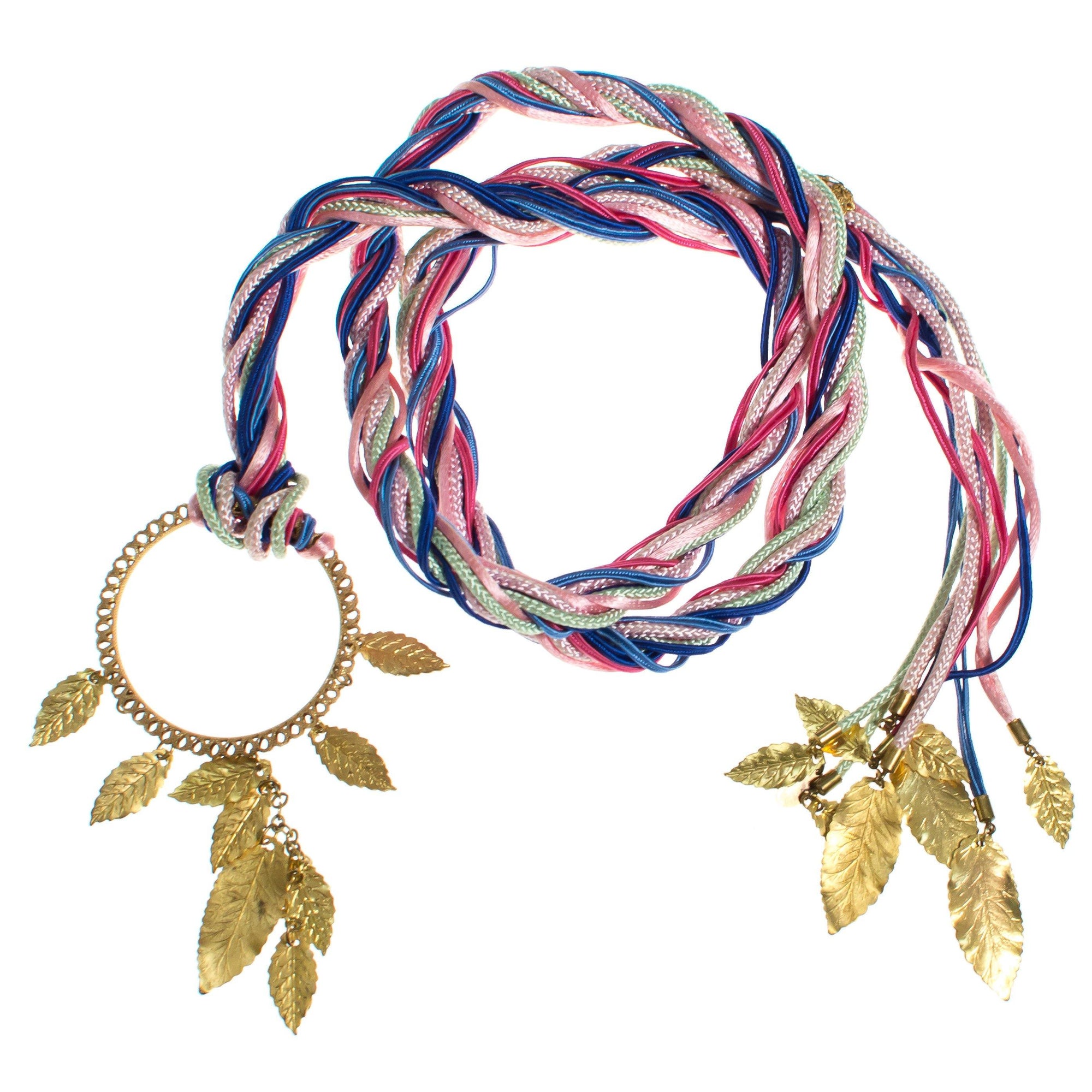 Vintage Miriam Haskell Blue, Pink, Turquoise, Purple Silk Ribbon Belt with Russian Gilt Leaf Charms by Miriam Haskel - Vintage Meet Modern Vintage Jewelry - Chicago, Illinois - #oldhollywoodglamour #vintagemeetmodern #designervintage #jewelrybox #antiquejewelry #vintagejewelry