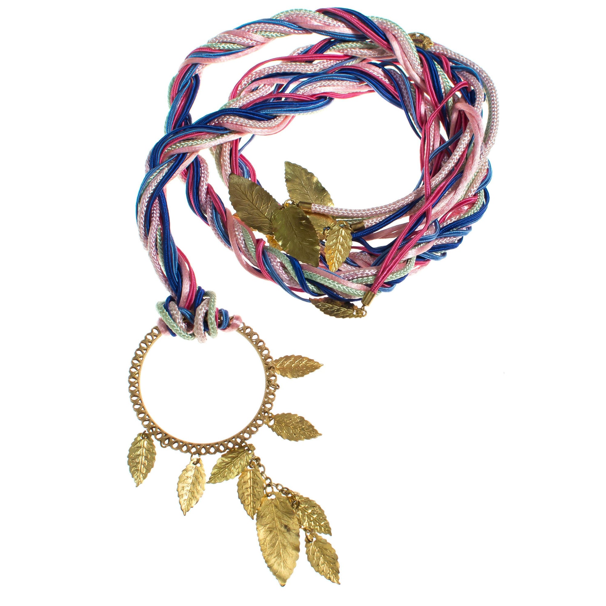 Vintage Miriam Haskell Blue, Pink, Turquoise, Purple Silk Ribbon Belt with Russian Gilt Leaf Charms by Miriam Haskel - Vintage Meet Modern Vintage Jewelry - Chicago, Illinois - #oldhollywoodglamour #vintagemeetmodern #designervintage #jewelrybox #antiquejewelry #vintagejewelry
