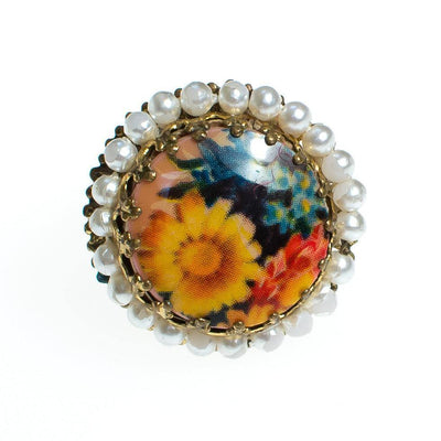 Vintage Colorful Flower Statement Ring with faux pearls set in Gold Tone West Germany Adjustable by 1960s - Vintage Meet Modern Vintage Jewelry - Chicago, Illinois - #oldhollywoodglamour #vintagemeetmodern #designervintage #jewelrybox #antiquejewelry #vintagejewelry