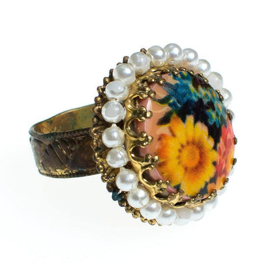 Vintage Colorful Flower Statement Ring with faux pearls set in Gold Tone West Germany Adjustable by 1960s - Vintage Meet Modern Vintage Jewelry - Chicago, Illinois - #oldhollywoodglamour #vintagemeetmodern #designervintage #jewelrybox #antiquejewelry #vintagejewelry