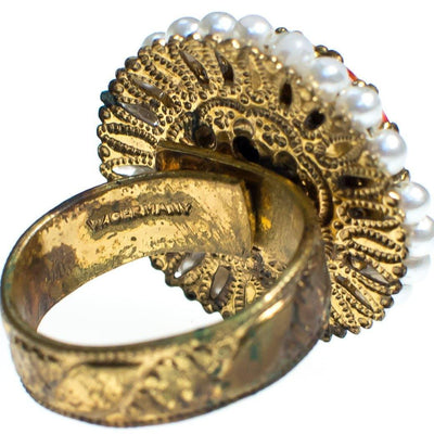 Vintage Colorful Flower Statement Ring with faux pearls set in Gold Tone West Germany Adjustable by 1960s - Vintage Meet Modern Vintage Jewelry - Chicago, Illinois - #oldhollywoodglamour #vintagemeetmodern #designervintage #jewelrybox #antiquejewelry #vintagejewelry