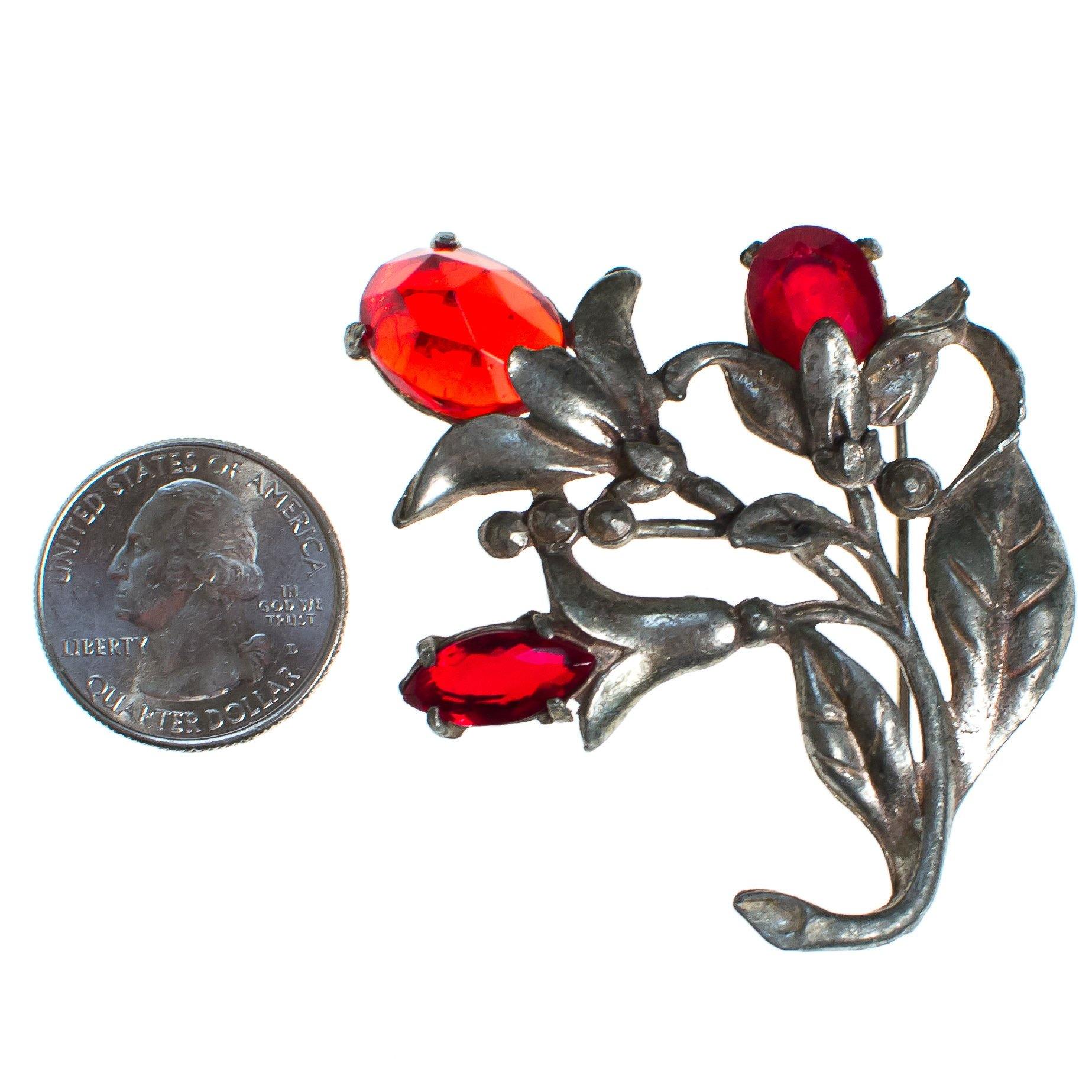 Vintage 1940s Red Rhinestone Flower Brooch Silver Tone Pot Metal by 1940s - Vintage Meet Modern Vintage Jewelry - Chicago, Illinois - #oldhollywoodglamour #vintagemeetmodern #designervintage #jewelrybox #antiquejewelry #vintagejewelry