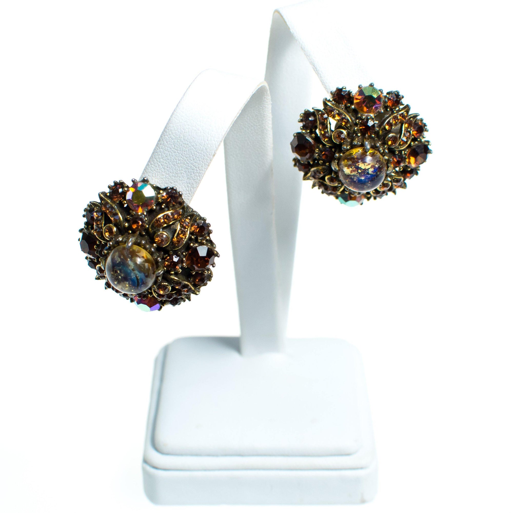 Vintage Fire Opal Citrine Topaz Crystal and Aurora Borealis Clip Earrings by Aurora Borealis - Vintage Meet Modern Vintage Jewelry - Chicago, Illinois - #oldhollywoodglamour #vintagemeetmodern #designervintage #jewelrybox #antiquejewelry #vintagejewelry