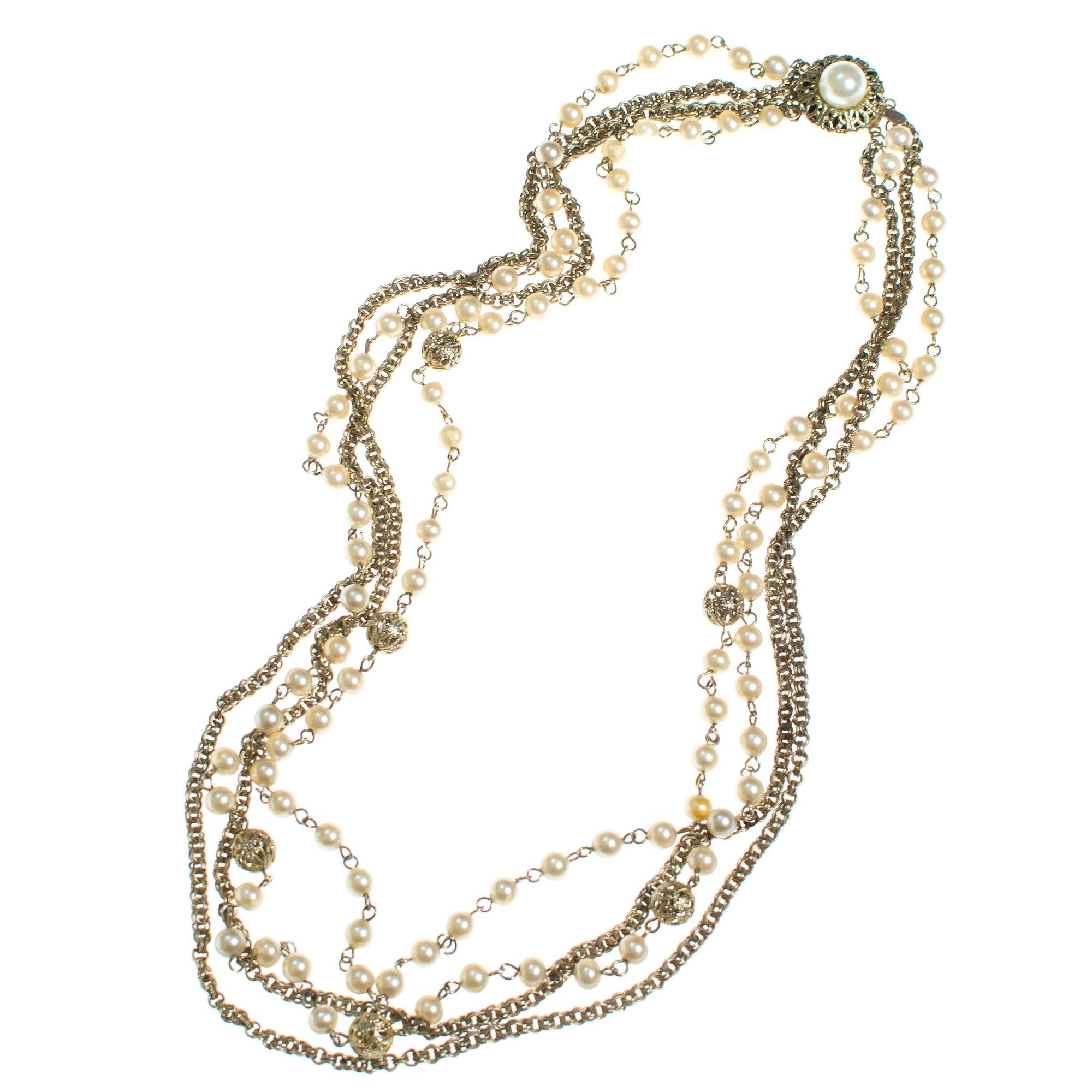 Vintage Pearl and Gold Chain Multi Strand Necklace by 1960s - Vintage Meet Modern Vintage Jewelry - Chicago, Illinois - #oldhollywoodglamour #vintagemeetmodern #designervintage #jewelrybox #antiquejewelry #vintagejewelry
