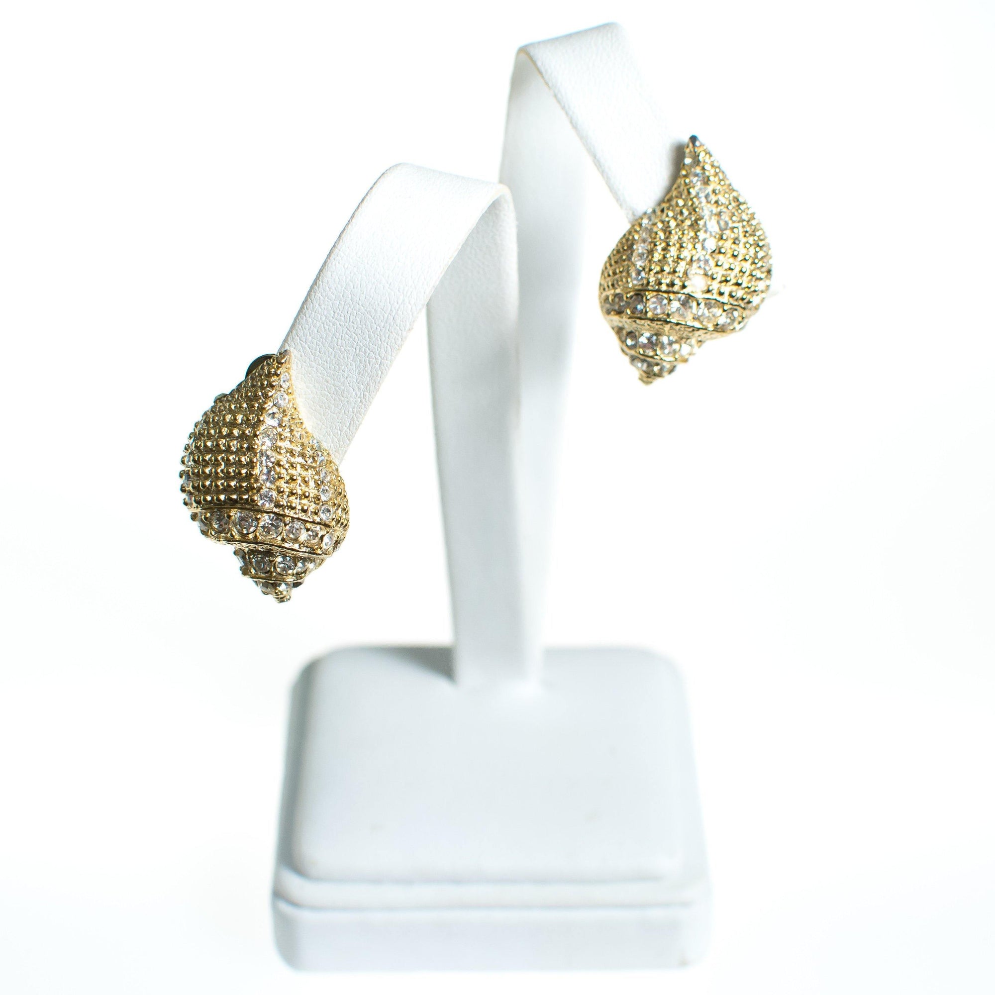 Vintage Kenneth Lane Gold Seashell Earrings with Rhinestones by Kenneth Lane - Vintage Meet Modern Vintage Jewelry - Chicago, Illinois - #oldhollywoodglamour #vintagemeetmodern #designervintage #jewelrybox #antiquejewelry #vintagejewelry