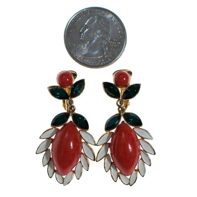 Vintage Marvella Jewels of India Coral Cabochon and and Emerald Rhinestone White Enamel Dangling Drop Statement Earrings by Marvella Jewels of India - Vintage Meet Modern Vintage Jewelry - Chicago, Illinois - #oldhollywoodglamour #vintagemeetmodern #designervintage #jewelrybox #antiquejewelry #vintagejewelry