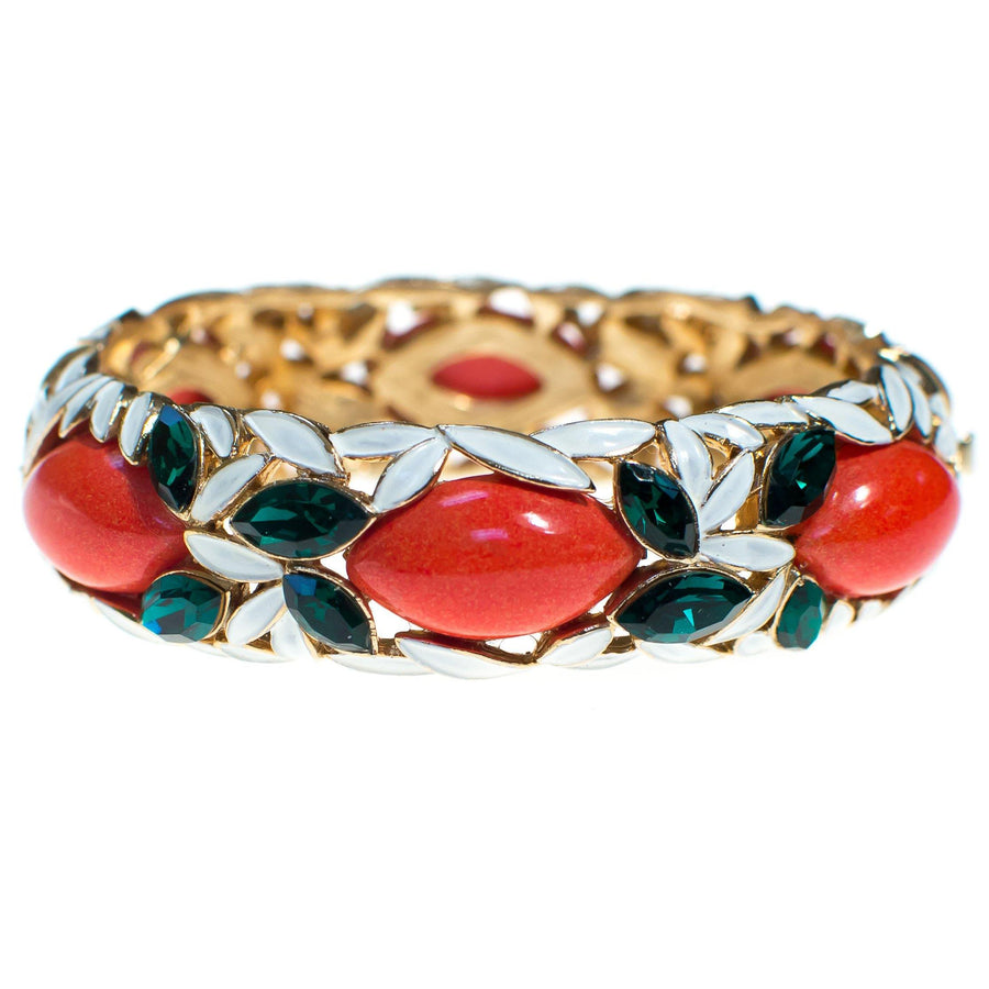 Vintage Marvella Jewels of India Mogul Bracelet Coral Cabochons Emerald Rhinestones White Enamel Hinged Bangle Bracelet by Marvella Jewels of India Mogul - Vintage Meet Modern Vintage Jewelry - Chicago, Illinois - #oldhollywoodglamour #vintagemeetmodern #designervintage #jewelrybox #antiquejewelry #vintagejewelry