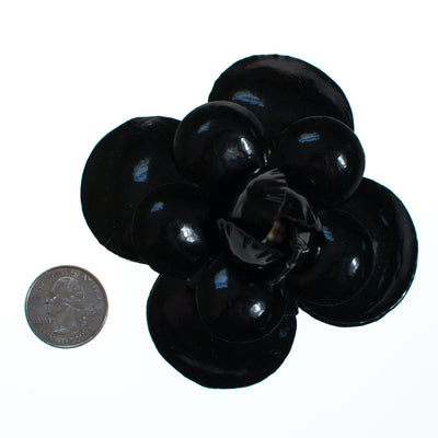 Vintage Black Leather Camellia Flower Pin by 1980s - Vintage Meet Modern Vintage Jewelry - Chicago, Illinois - #oldhollywoodglamour #vintagemeetmodern #designervintage #jewelrybox #antiquejewelry #vintagejewelry