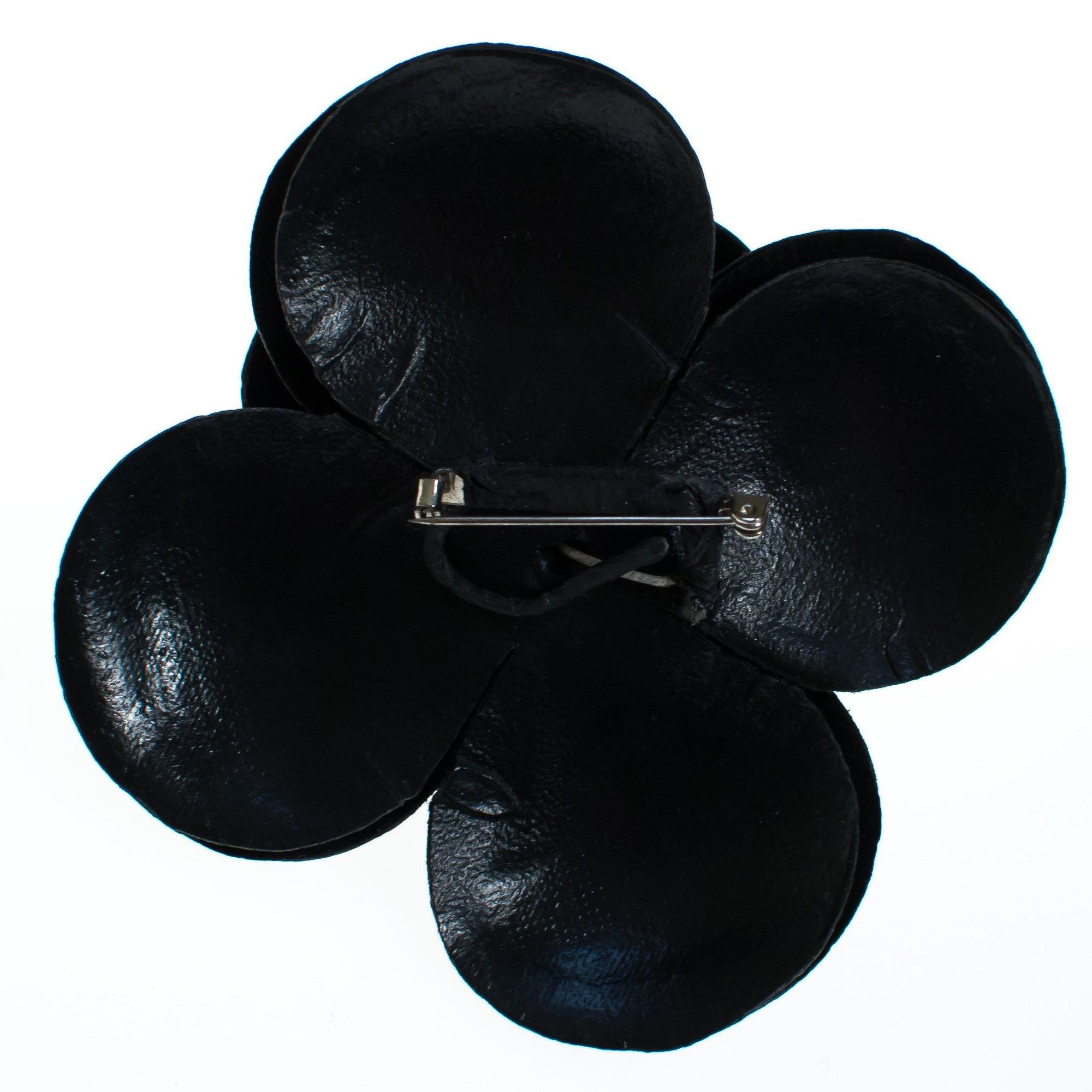 Vintage Black Leather Camellia Flower Pin by 1980s - Vintage Meet Modern Vintage Jewelry - Chicago, Illinois - #oldhollywoodglamour #vintagemeetmodern #designervintage #jewelrybox #antiquejewelry #vintagejewelry