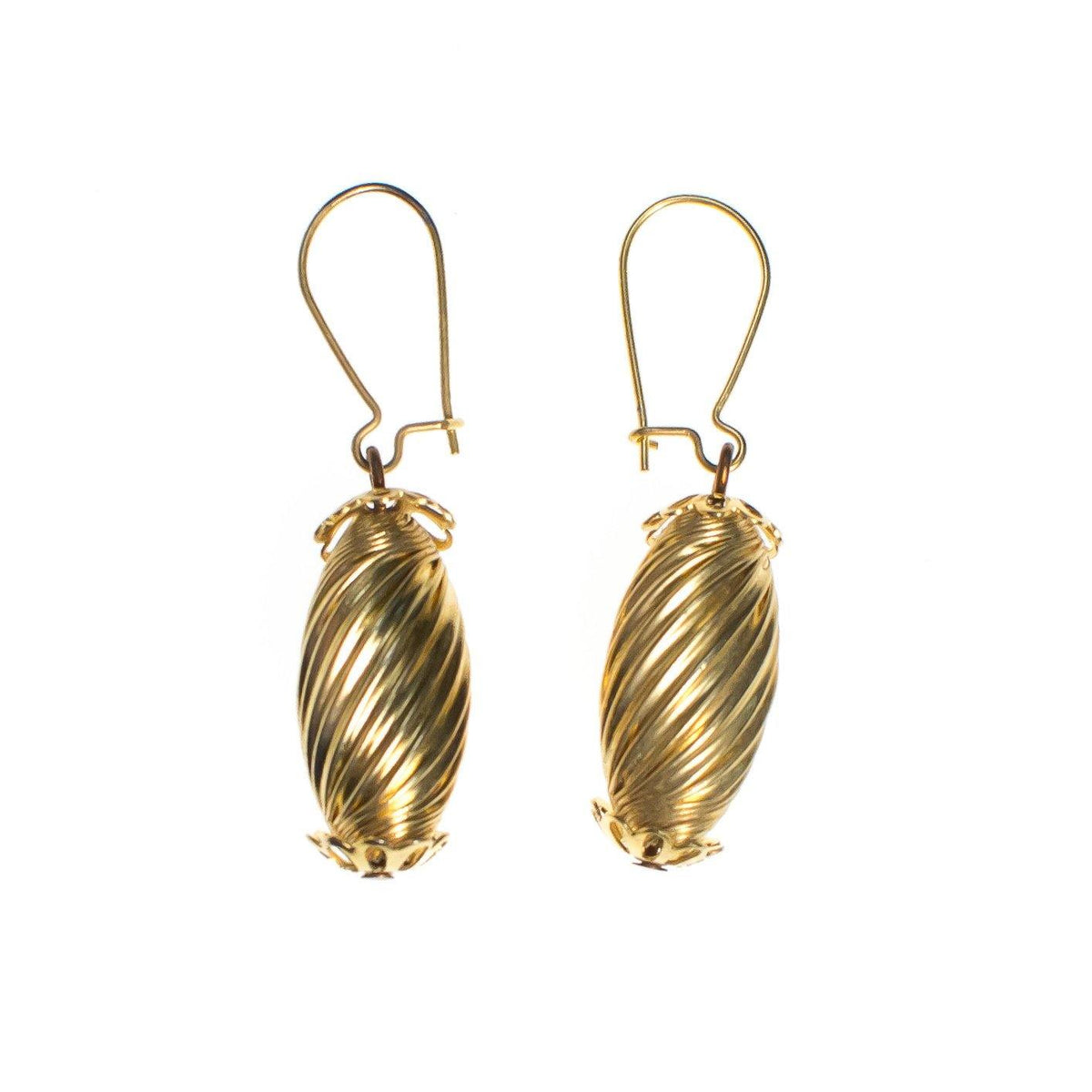 Vintage Rochelle Fluted Bead Gold Plated Dangling Pierced Earrings New Old Stock 1970s