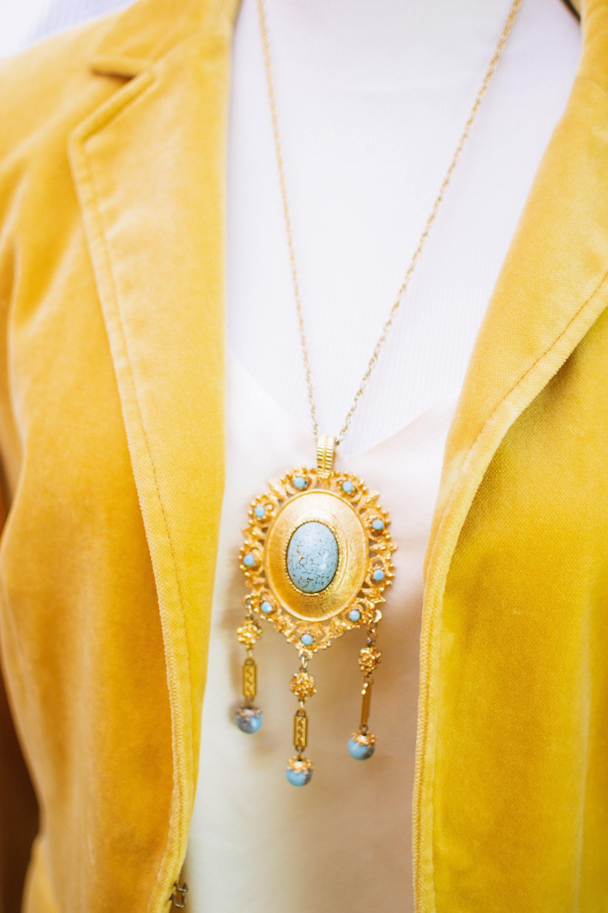 Vintage 1970s Rococco Revival Turquoise and Gold Statement Necklace by 1970s - Vintage Meet Modern Vintage Jewelry - Chicago, Illinois - #oldhollywoodglamour #vintagemeetmodern #designervintage #jewelrybox #antiquejewelry #vintagejewelry