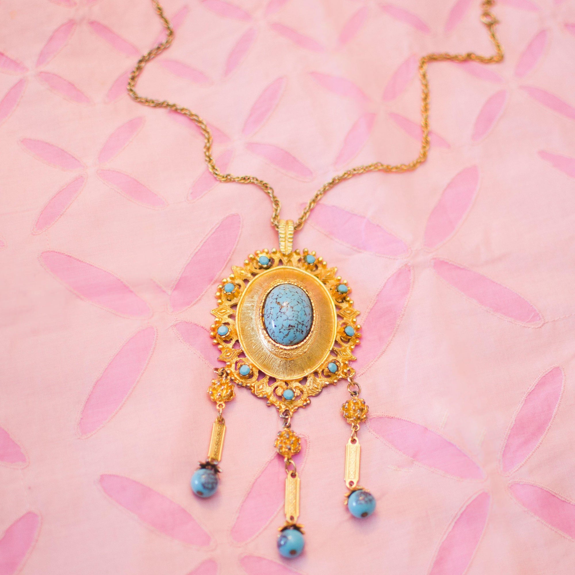 Vintage 1970s Rococco Revival Turquoise and Gold Statement Necklace by 1970s - Vintage Meet Modern Vintage Jewelry - Chicago, Illinois - #oldhollywoodglamour #vintagemeetmodern #designervintage #jewelrybox #antiquejewelry #vintagejewelry