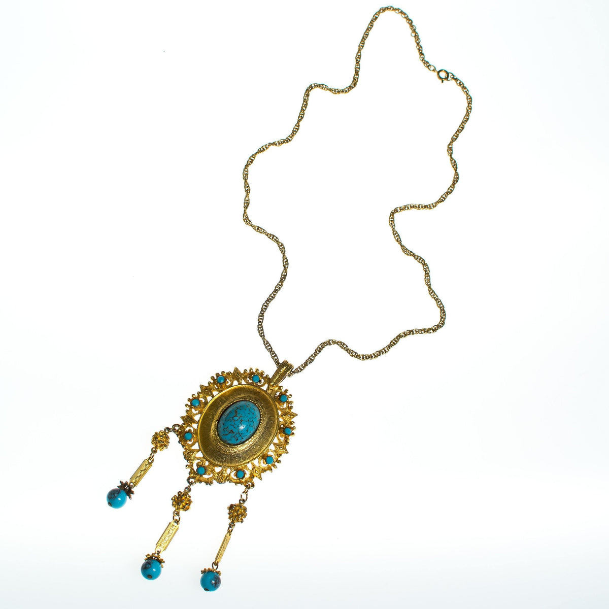 Vintage 1970s Rococco Revival Turquoise and Gold Statement Necklace