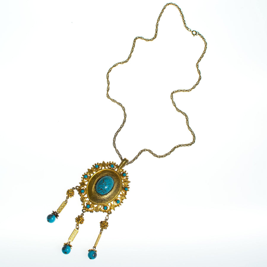 Vintage 1970s Rococco Revival Turquoise and Gold Statement Necklace by 1970s - Vintage Meet Modern Vintage Jewelry - Chicago, Illinois - #oldhollywoodglamour #vintagemeetmodern #designervintage #jewelrybox #antiquejewelry #vintagejewelry