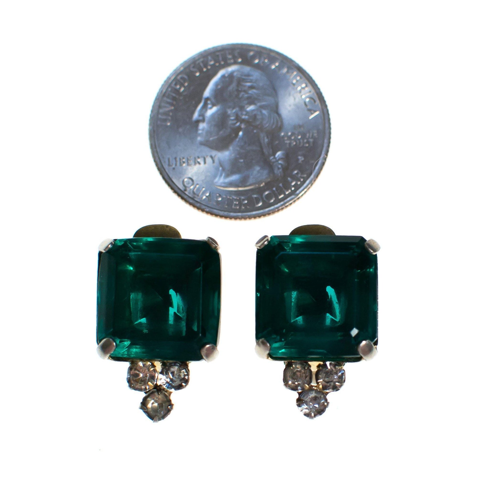 Vintage Art Deco Era Emerald Green Rhinestone Earrings, Clip-on, Clear Rhinestones by Art Deco - Vintage Meet Modern Vintage Jewelry - Chicago, Illinois - #oldhollywoodglamour #vintagemeetmodern #designervintage #jewelrybox #antiquejewelry #vintagejewelry