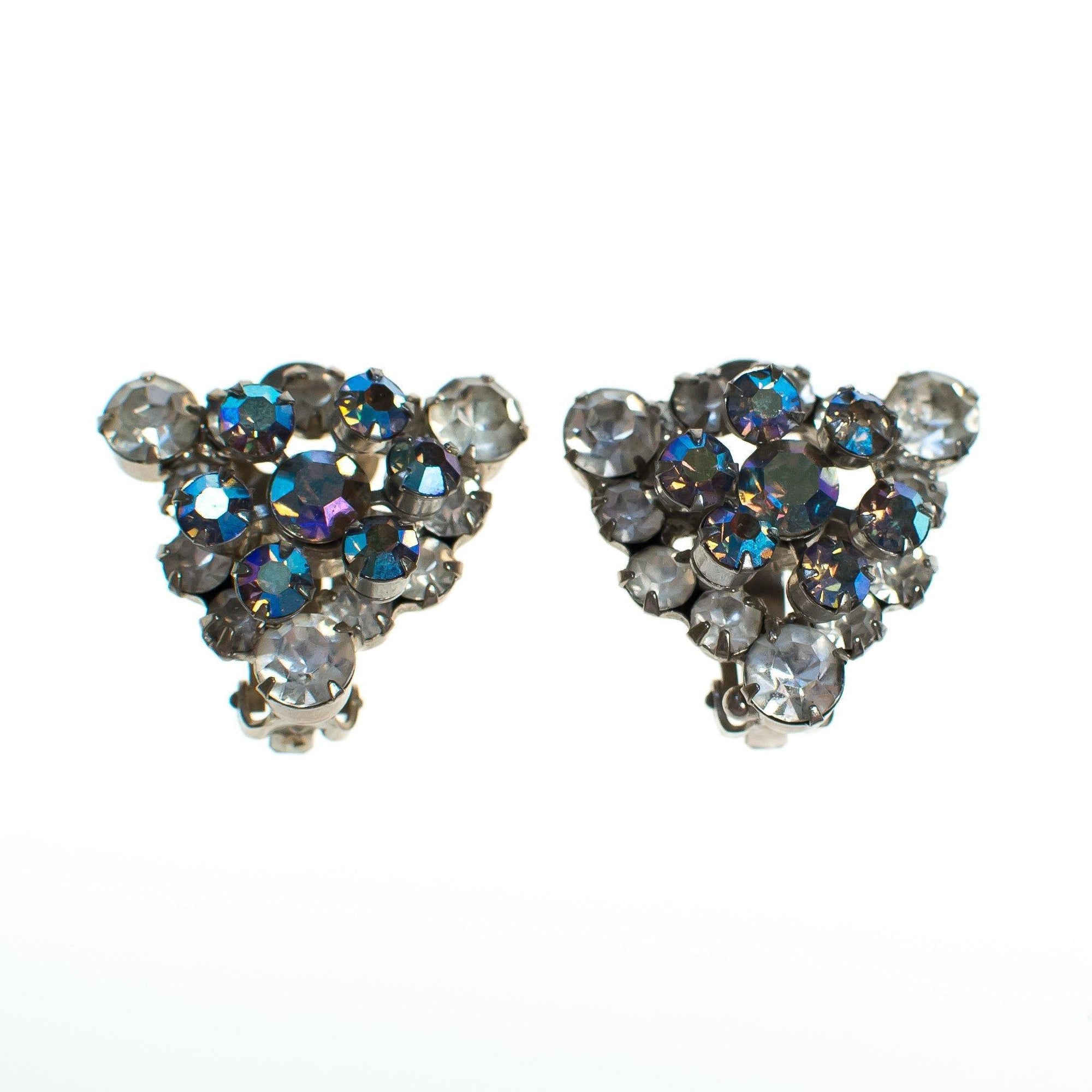 Vintage Rhinestone Earrings, Diamante and Aurora Borealis Rhinestones, Rainbow Iridescent Rhinestones, Clip-on Triangular Earrings by 1950s - Vintage Meet Modern Vintage Jewelry - Chicago, Illinois - #oldhollywoodglamour #vintagemeetmodern #designervintage #jewelrybox #antiquejewelry #vintagejewelry