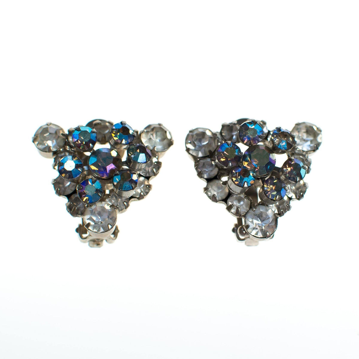 Vintage Rhinestone Earrings, Diamante and Aurora Borealis Rhinestones, Rainbow Iridescent Rhinestones, Clip-on Triangular Earrings