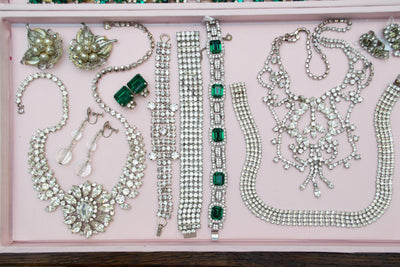 Vintage Art Deco Era Emerald Green Rhinestone Earrings, Clip-on, Clear Rhinestones by Art Deco - Vintage Meet Modern Vintage Jewelry - Chicago, Illinois - #oldhollywoodglamour #vintagemeetmodern #designervintage #jewelrybox #antiquejewelry #vintagejewelry