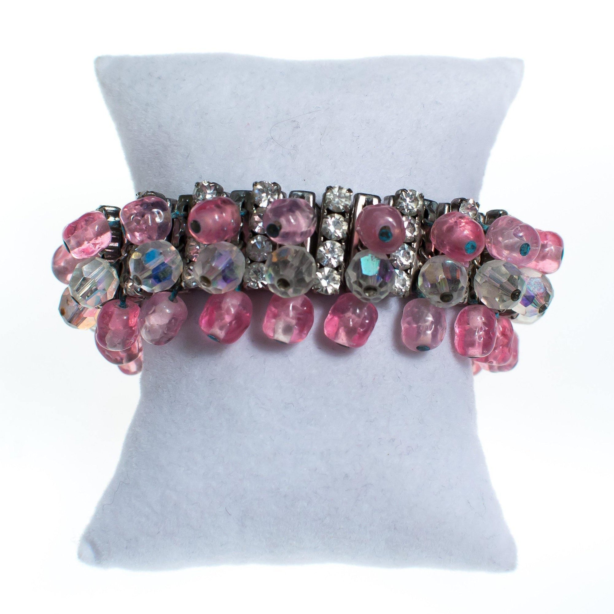 Vintage Rhinestone Expansion Bracelet with Aurora Borealis and Pink Crystal Beads by 1950s - Vintage Meet Modern Vintage Jewelry - Chicago, Illinois - #oldhollywoodglamour #vintagemeetmodern #designervintage #jewelrybox #antiquejewelry #vintagejewelry